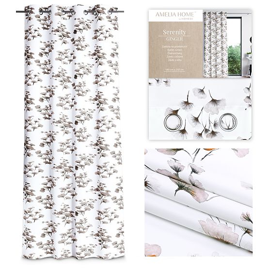 SERENITY Curtain White Color with Printed Plant Motif Classic Style Silver Metal Eyelets