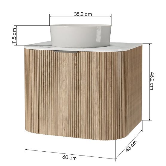 Set of Cabinet with Countertop and Basin Matinale 60 cm, Ribbed, Rounded, Glit White/Acacia