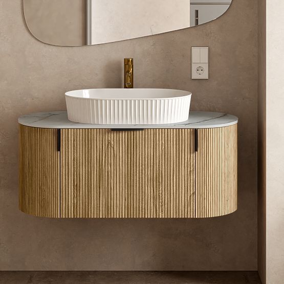 Set of Cabinet with Countertop and Sink La simplicite 100 cm, Ribbed, Rounded, Glit White/Oak