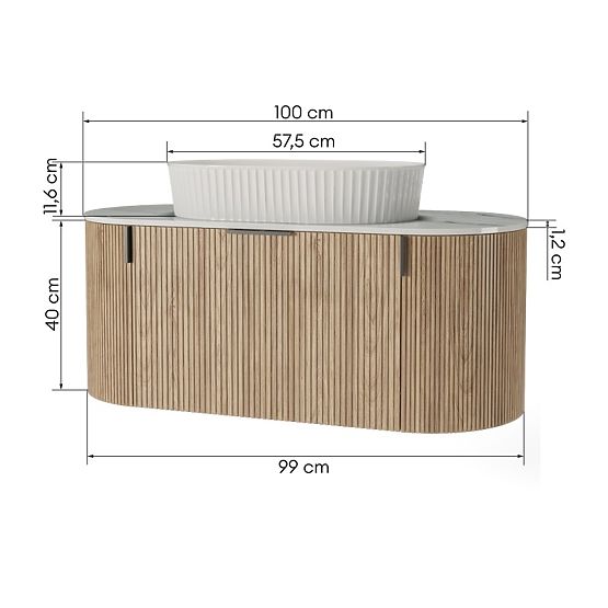 Set of Cabinet with Countertop and Sink La simplicite 100 cm, Ribbed, Rounded, Glit White/Oak