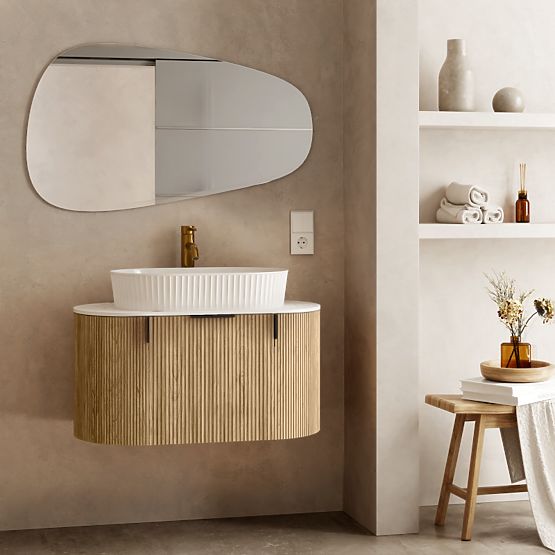 Set of Cabinet with Countertop and Sink La simplicite 80 cm, Grooved, Rounded, Glit White/Oak