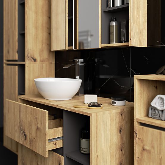 SET OF HANGING BATHROOM FURNITURE WITH OPENINGS VAMI OAK ARTISAN / GRAPHITE GRAY