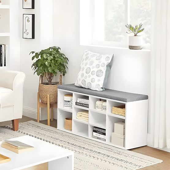 Shoe Cabinet with Gray Cushion 10 Shelves White
