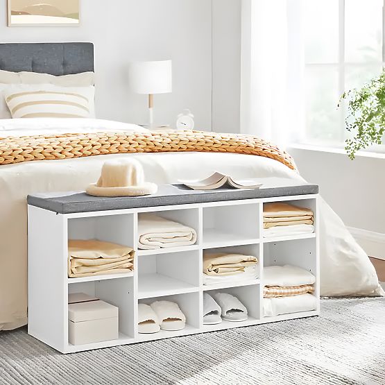 Shoe Cabinet with Gray Cushion 10 Shelves White