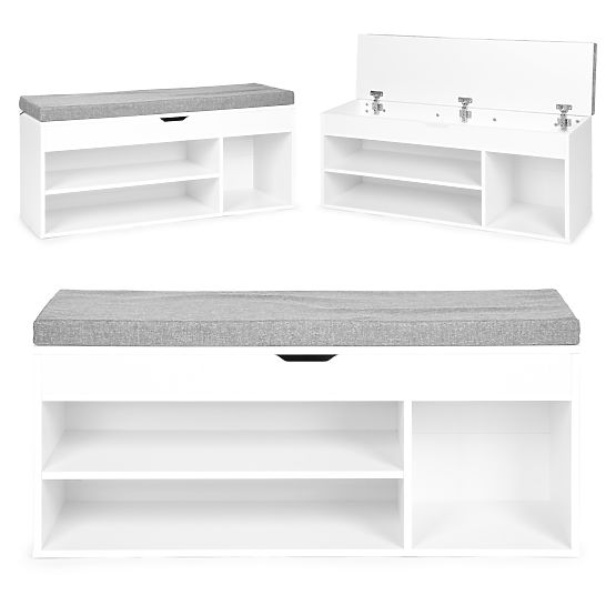 Shoe Cabinet with Gray Cushion and Opening Seat 3 Shelves White
