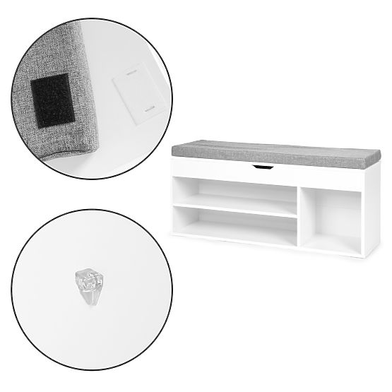 Shoe Cabinet with Gray Cushion and Opening Seat 3 Shelves White