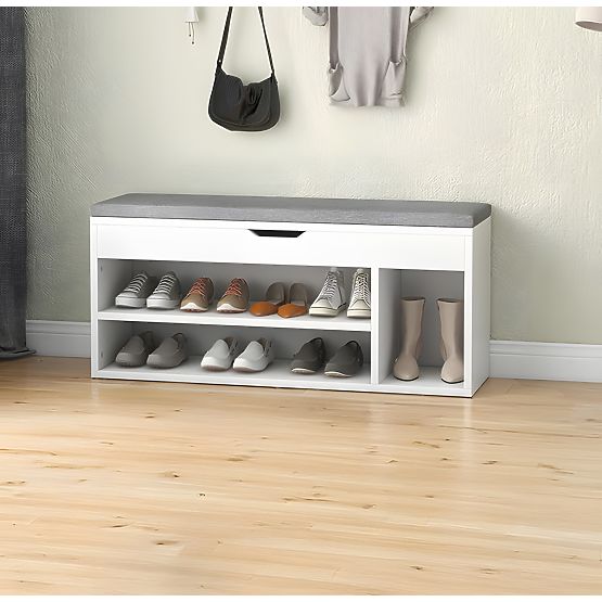 Shoe Cabinet with Gray Cushion and Opening Seat 3 Shelves White