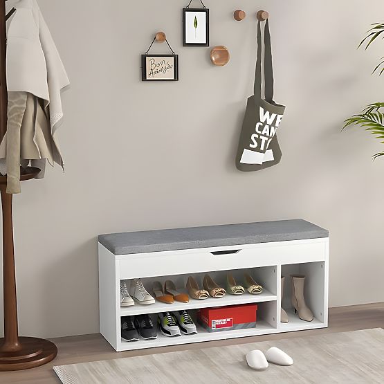 Shoe Cabinet with Gray Cushion and Opening Seat 3 Shelves White