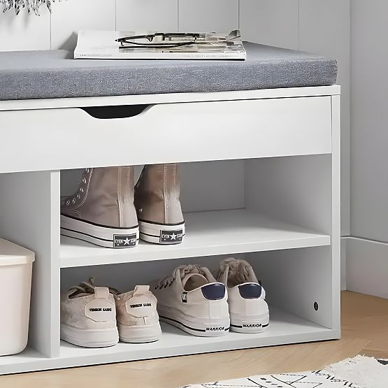 Shoe Cabinet with Gray Cushion and Opening Seat 3 Shelves White