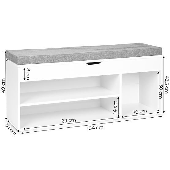 Shoe Cabinet with Gray Cushion and Opening Seat 3 Shelves White