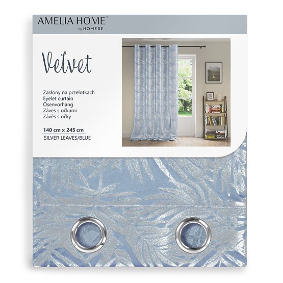 SILVERLEAVES Curtain Light Blue Printed Glamour Style Silver Eyelets Velvet 140x245 AmeliaH