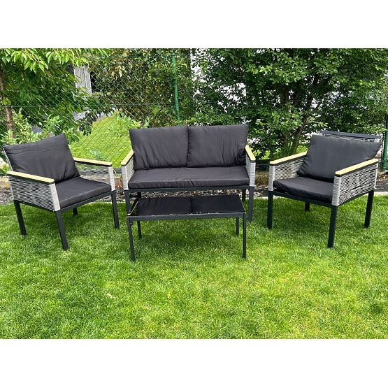 Small Balcony Furniture Set (2 x Chair, Sofa + Table) CORTO Black Aluminum, Gray Technorattan