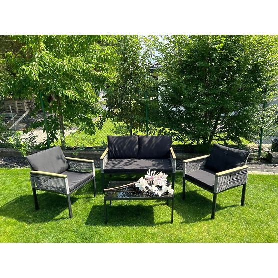 Small Balcony Furniture Set (2 x Chair, Sofa + Table) CORTO Black Aluminum, Gray Technorattan