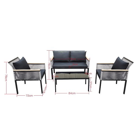 Small Balcony Furniture Set (2 x Chair, Sofa + Table) CORTO Black Aluminum, Gray Technorattan