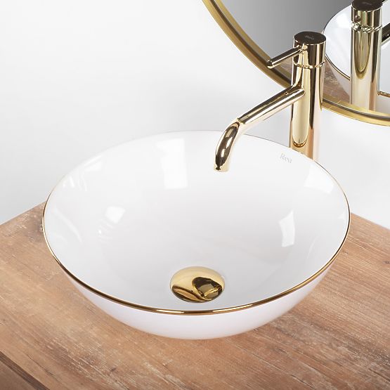 Stella White Countertop Ceramic Basin with Gold Rim