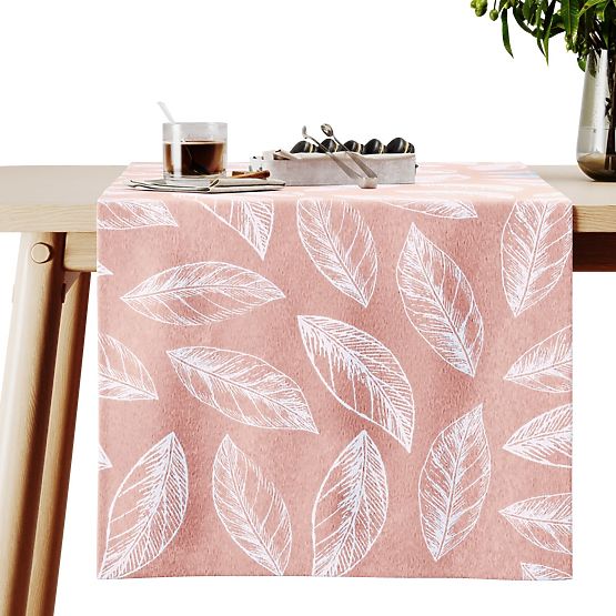 Tablecloth CALM powder pink color printed plant motif classic style 40x140 ameliahome