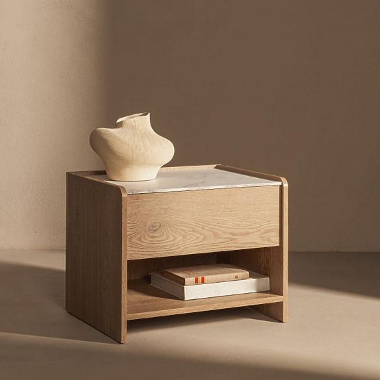 Tanami Nightstand Cremona Oak Torro, Crystal Marble, Rounded