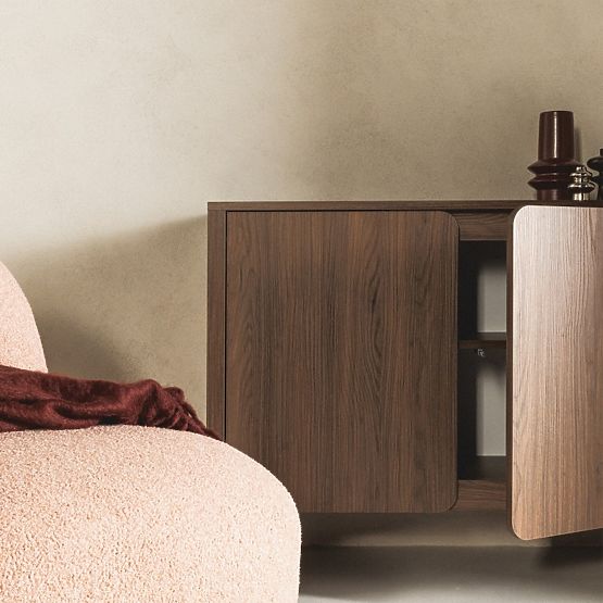 Two-Door Moku Sideboard Walnut Villa, Rounded Front Surfaces