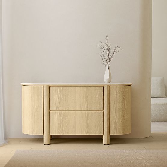 Two-Door Sideboard with Drawers Segretto, Rounded, Natural Oak, Travertine
