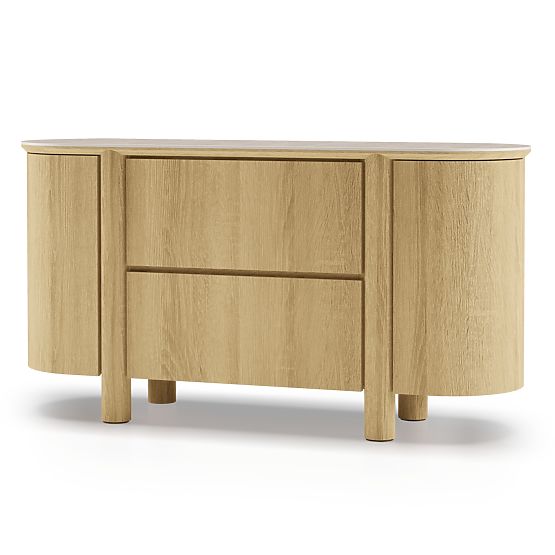 Two-Door Sideboard with Drawers Segretto, Rounded, Natural Oak, Travertine