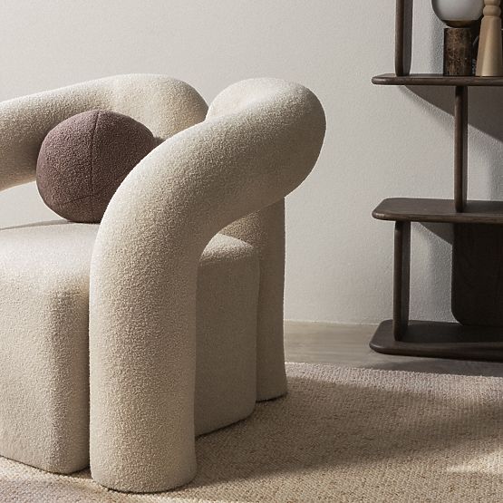 Upholstered Armchair Merry Light Beige, Boucle, Rounded Shape
