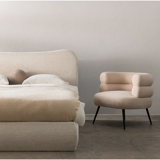 Upholstered Bed Derry 140x200 cm, with Slatted Base and Storage, Rounded, Beige