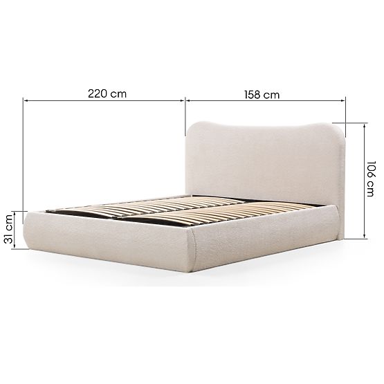 Upholstered Bed Derry 140x200 cm, with Slatted Base and Storage, Rounded, Beige