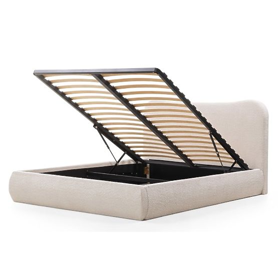 Upholstered Bed Derry 160x200 cm, with Slats and Storage, Rounded, Beige