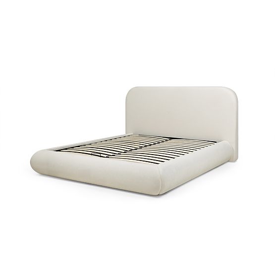 Upholstered Bed Lumi 160x200 cm, with Slatted Frame and Storage, Rounded, Light Beige