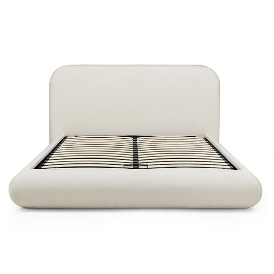 Upholstered Bed Lumi 160x200 cm, with Slatted Frame and Storage, Rounded, Light Beige