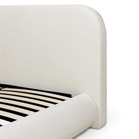 Upholstered Bed Lumi 160x200 cm, with Slatted Frame and Storage, Rounded, Light Beige