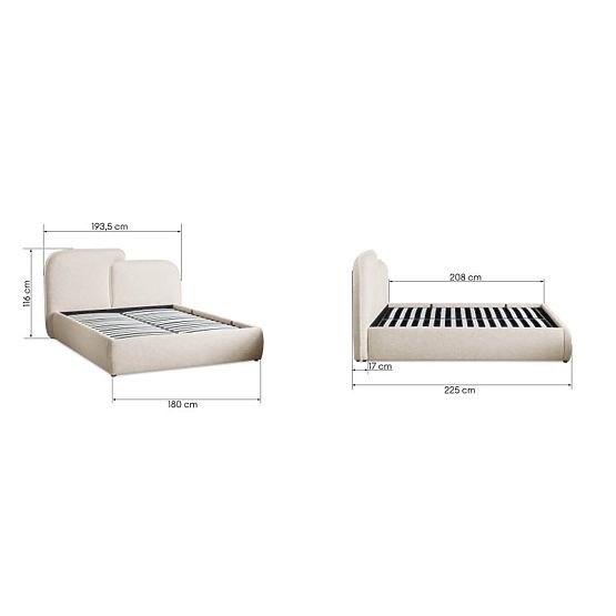Upholstered Bed Nestia 160x200 cm, with Slats and Storage, Light Beige, Rounded