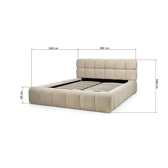 Upholstered Bed Nexo 160x200 cm, with Slatted Frame and Storage, Light Beige, Rounded Shapes