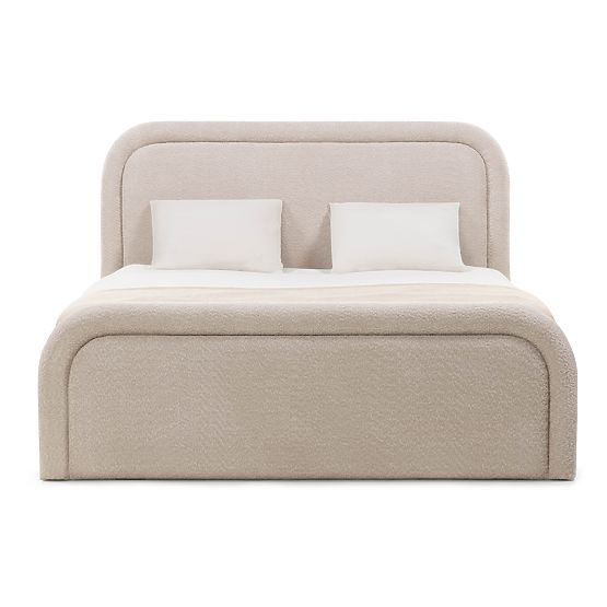 Upholstered Bed Ovoid 160x200 cm, with Slatted Base and Storage, Rounded, Beige