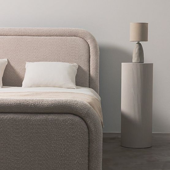 Upholstered Bed Ovoid 160x200 cm, with Slatted Base and Storage, Rounded, Beige