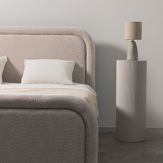 Upholstered Bed Ovoid 160x200 cm, with Slatted Base and Storage, Rounded, Beige