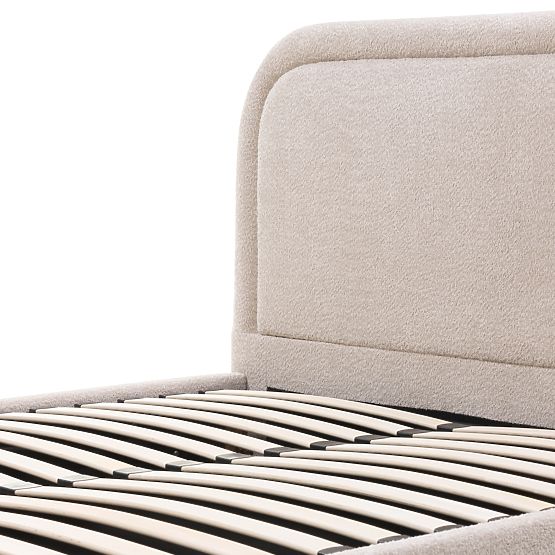 Upholstered Bed Ovoid 160x200 cm, with Slatted Base and Storage, Rounded, Beige