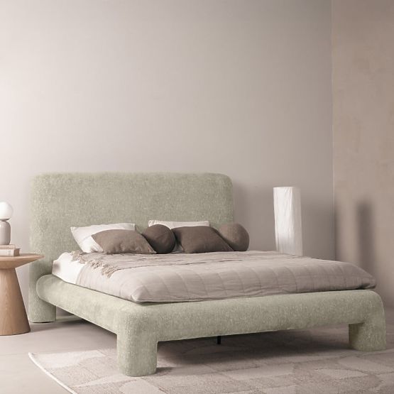 Upholstered Bed Rolly 160x200 cm, with Slatted Frame, Rounded, Light Grey