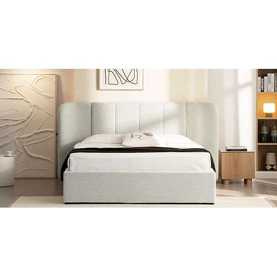 Upholstered Bed Snoovia 160x200 cm, with Slatted Frame and Storage, Light Beige