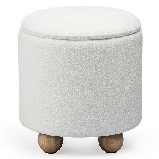 Upholstered Pebble Pouf with Storage, Round, White