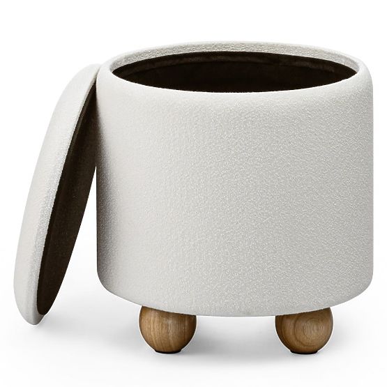 Upholstered Pebble Pouf with Storage, Round, White