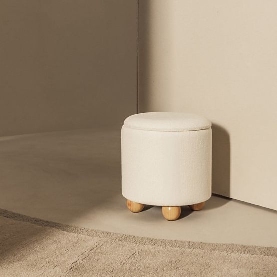 Upholstered Pebble Pouf with Storage, Round, White