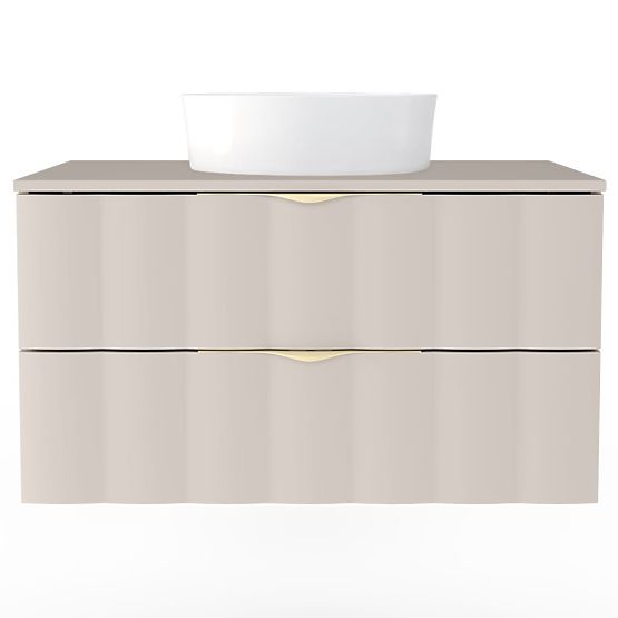 Vanity Cabinet for Countertop Omi 80 cm, Wavy Front Panel, Gold Handles, Cashmere Beige