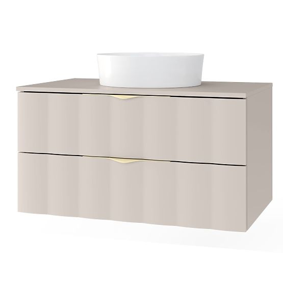 Vanity Cabinet for Countertop Omi 80 cm, Wavy Front Panel, Gold Handles, Cashmere Beige