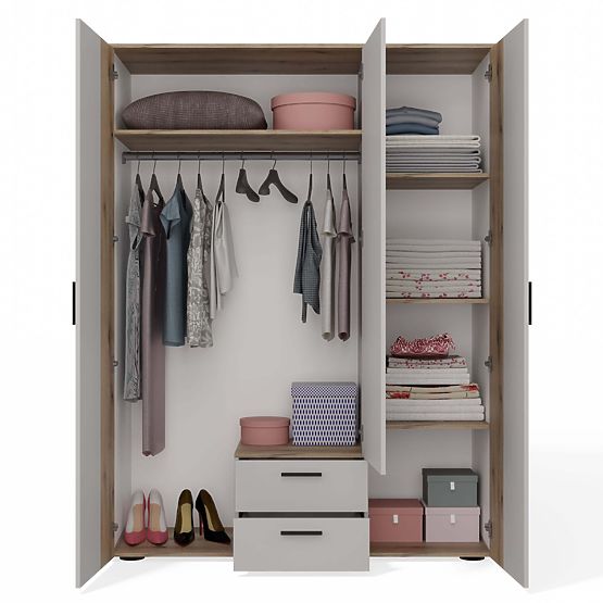 WARDROBE AVA 150 CM MIRROR 2 DRAWERS GROOVED FRONT OAK EVOKE CASHMERE BEIGE