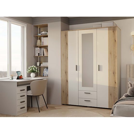WARDROBE AVA 150 CM MIRROR 2 DRAWERS GROOVED FRONT OAK EVOKE CASHMERE BEIGE