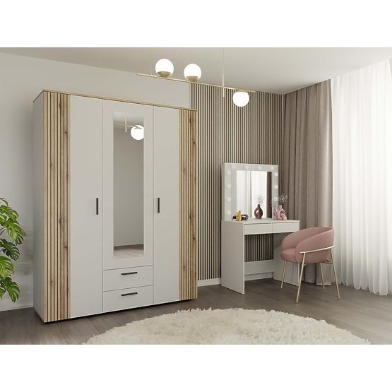 WARDROBE AVA 150 CM MIRROR 2 DRAWERS GROOVED FRONT OAK EVOKE CASHMERE BEIGE