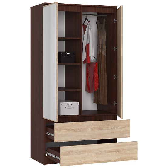 WARDROBE S 90 cm 2 DOORS 2 DRAWERS 2 MIRRORS PK WENGE / SONOMA