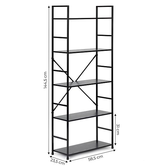 Wide Wooden Shelf Modern LOFT 5 Shelves Black