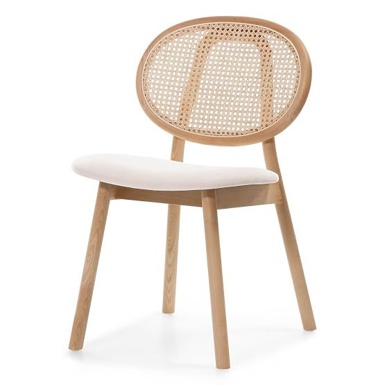 Wooden Chair Monet with Viennese Weave, Rattan, Velour, Natural/Light Beige